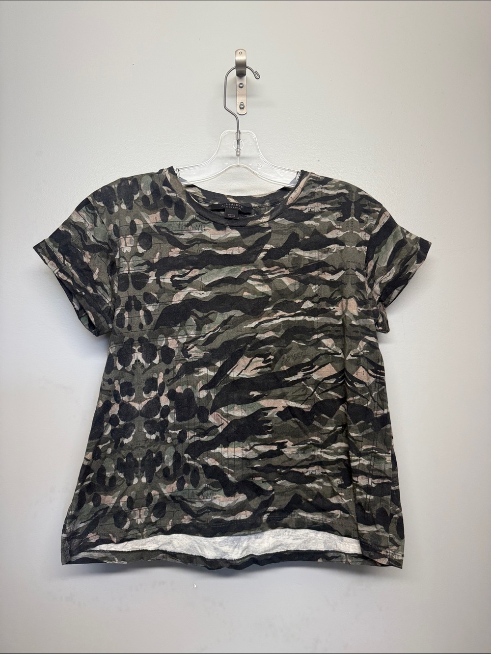 AllSaints Short Sleeve Camo Tee in Olive and Black